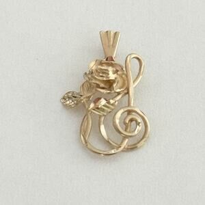 Vintage 14K Yellow Gold Rose Flower & Treble Clef Music Note Charm Pendant